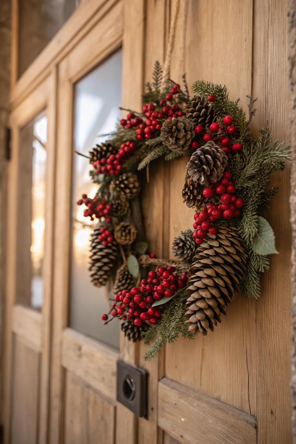 Rustic charm with a pinecones and berries wreath.