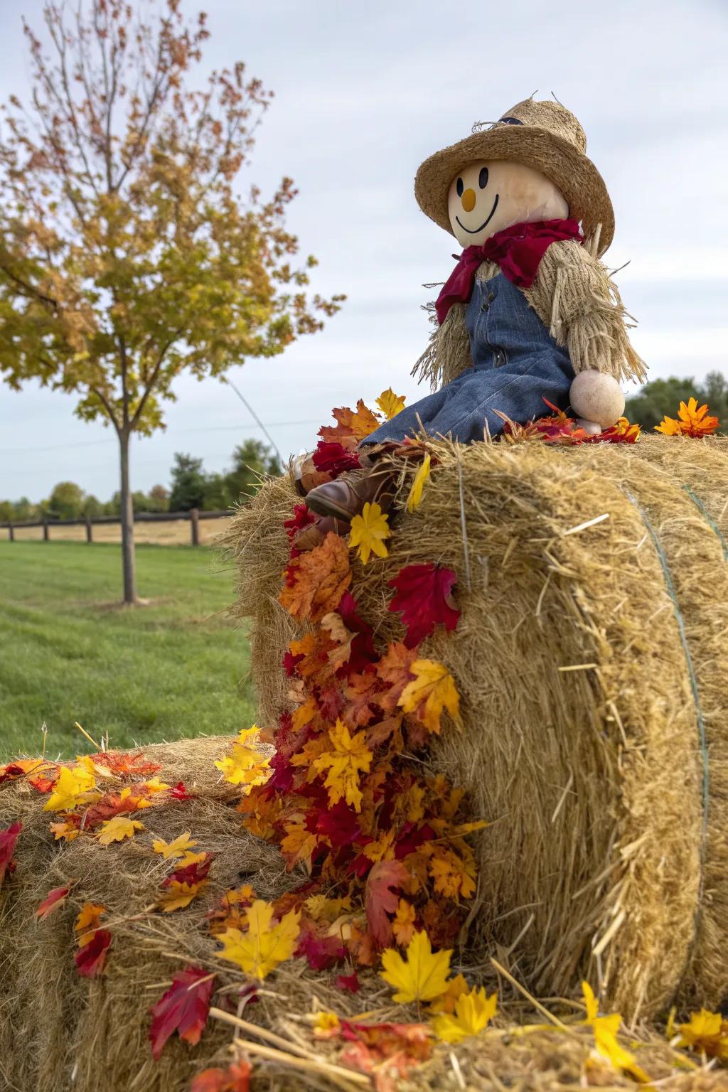 A scarecrow adds a whimsical touch to hay bale decor.