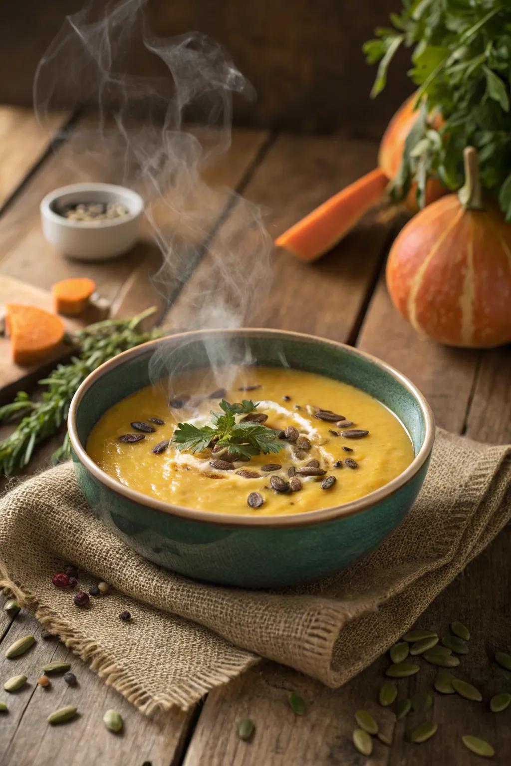 Creamy pumpkin soup, perfect for a comforting autumn meal.