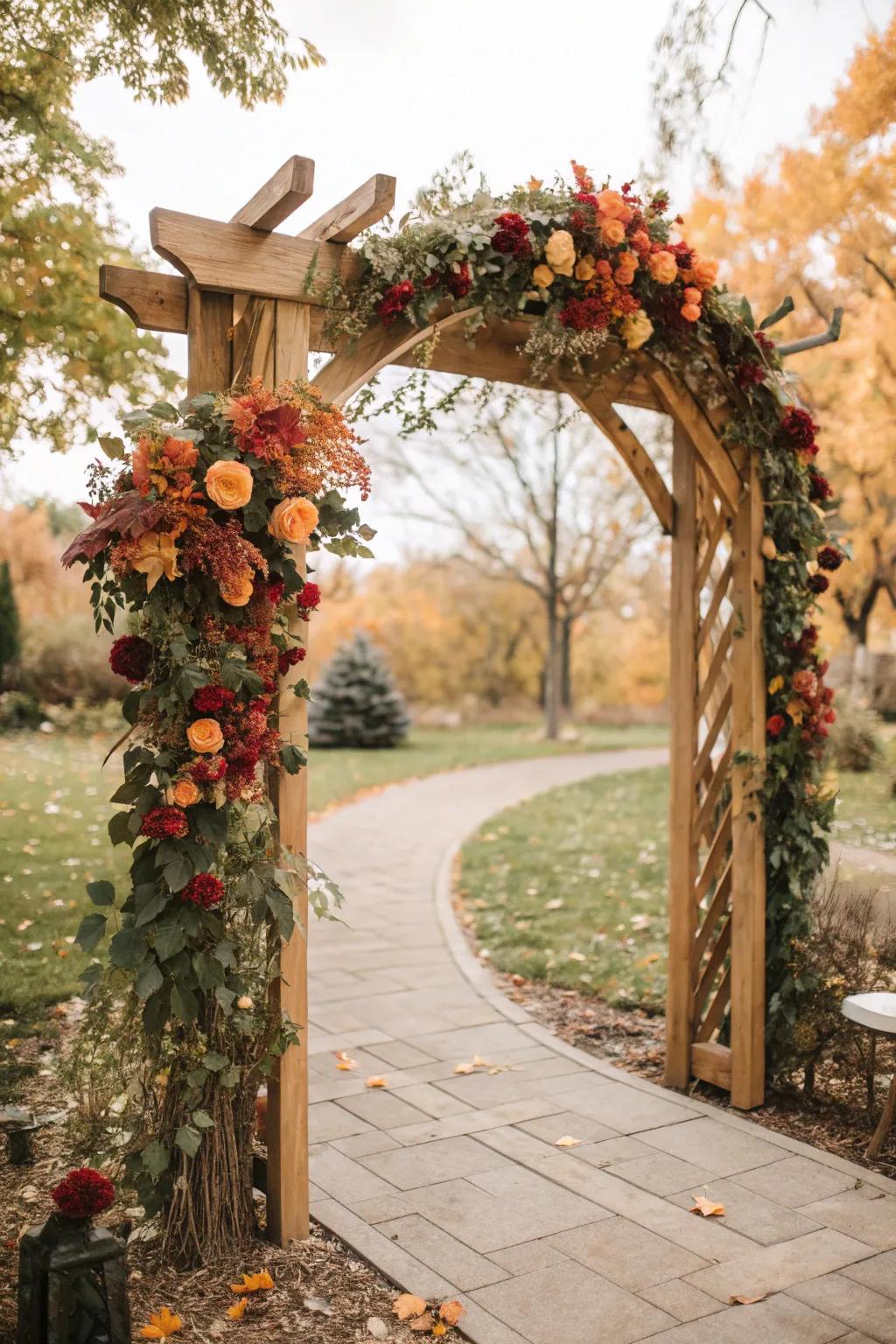 Rustic wooden arch with autumnal floral decorations.