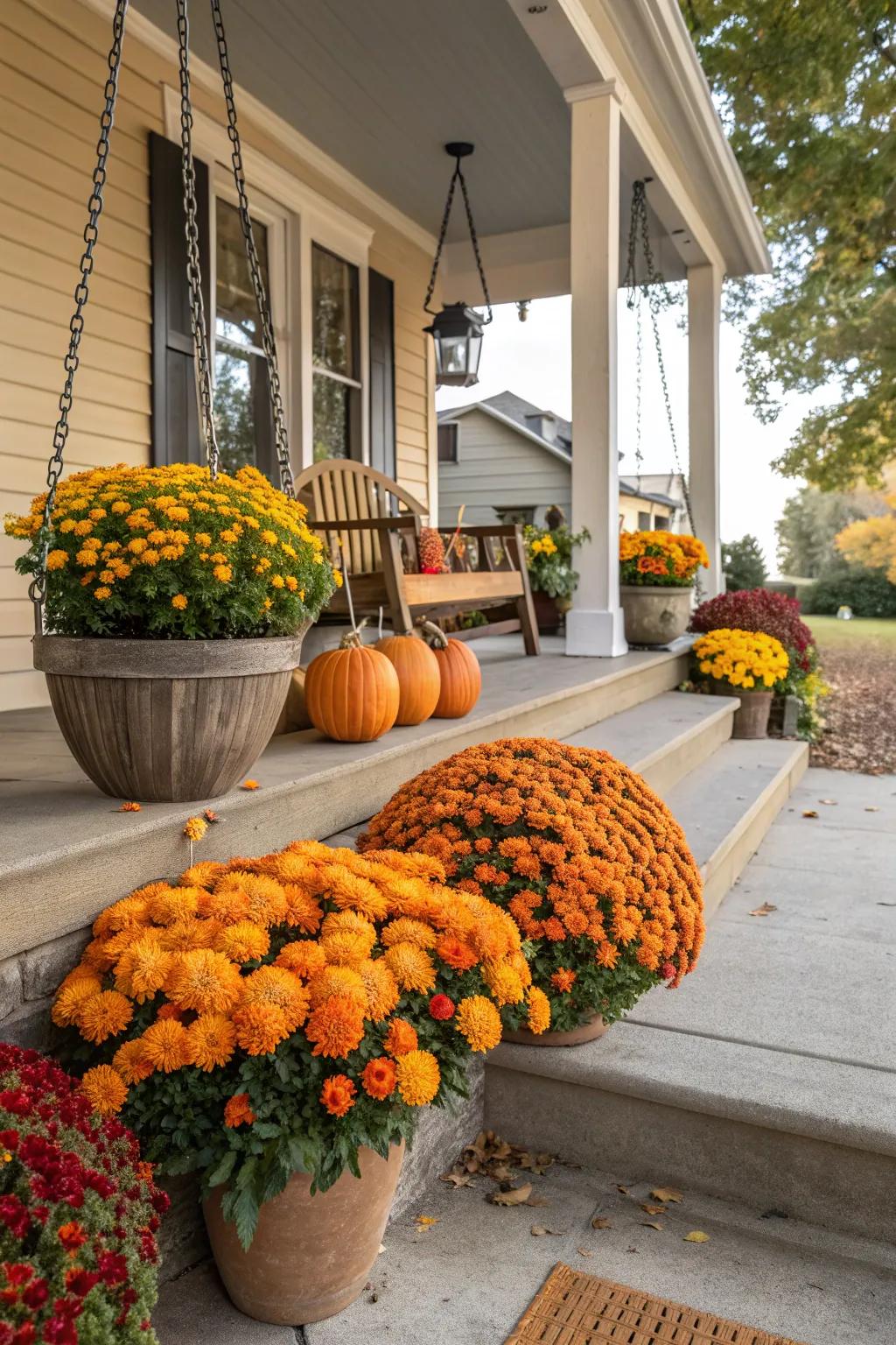 Vibrant mums paired with pumpkins make for a stunning fall display.