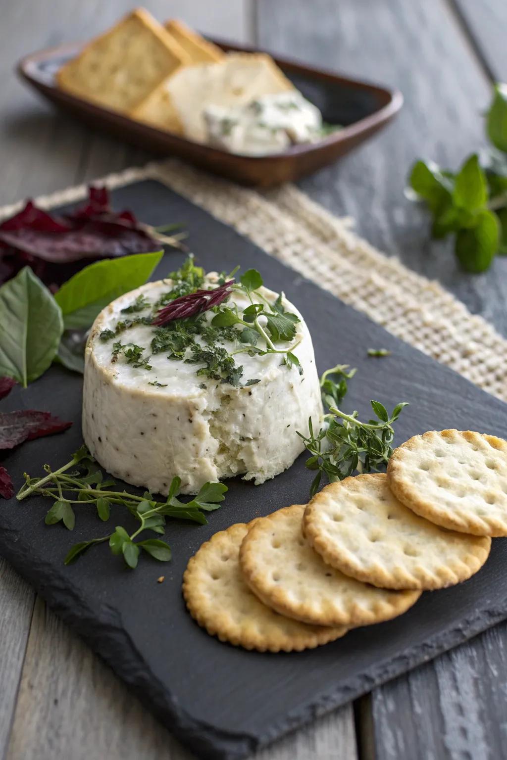 Herbed goat cheese paired with artisan crackers for a sophisticated picnic snack.