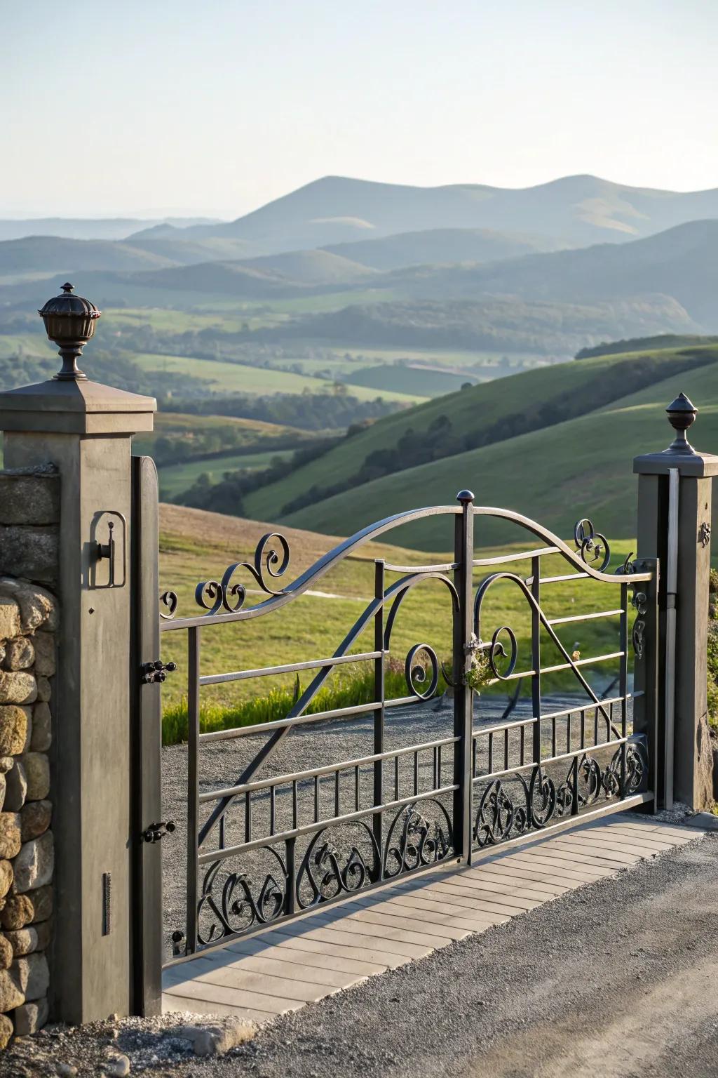 A modern metal gate with elegant wrought iron details.
