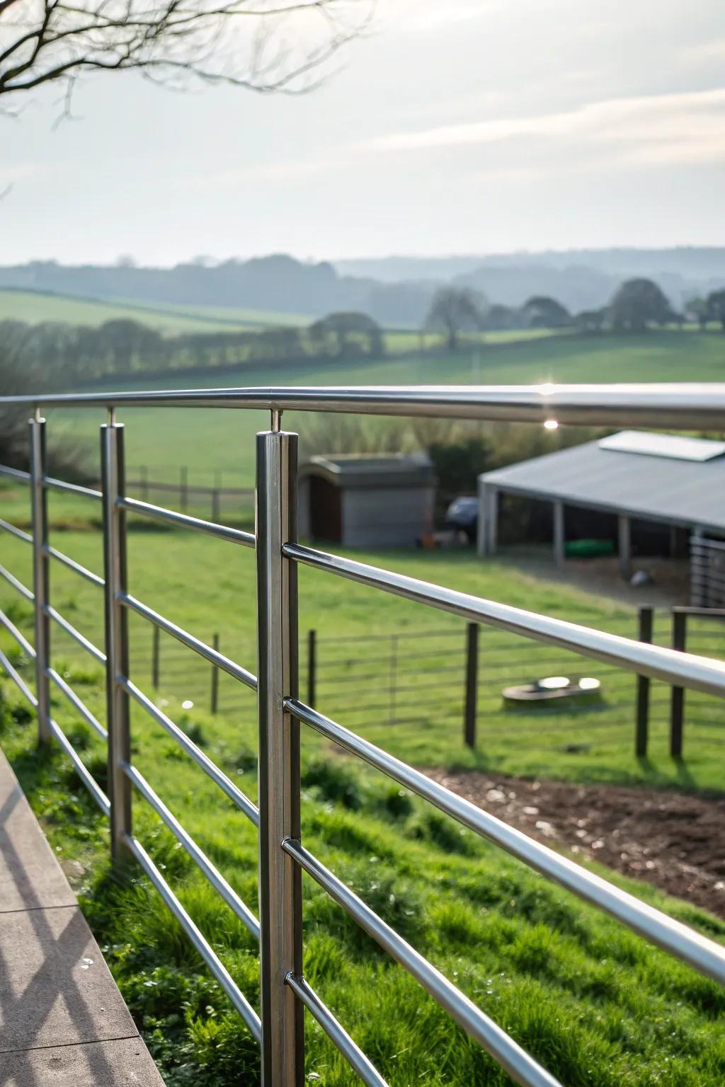 Modern metal fences offer a sleek contrast to natural settings.