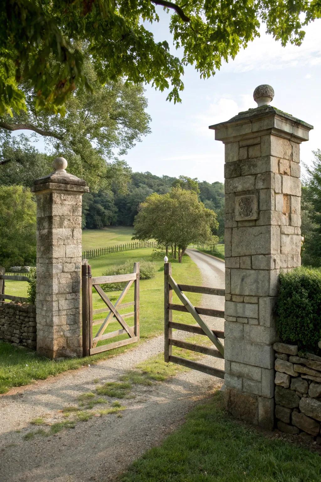 Stone pillars frame the entrance, lending a grand and timeless feel to the farm gate.