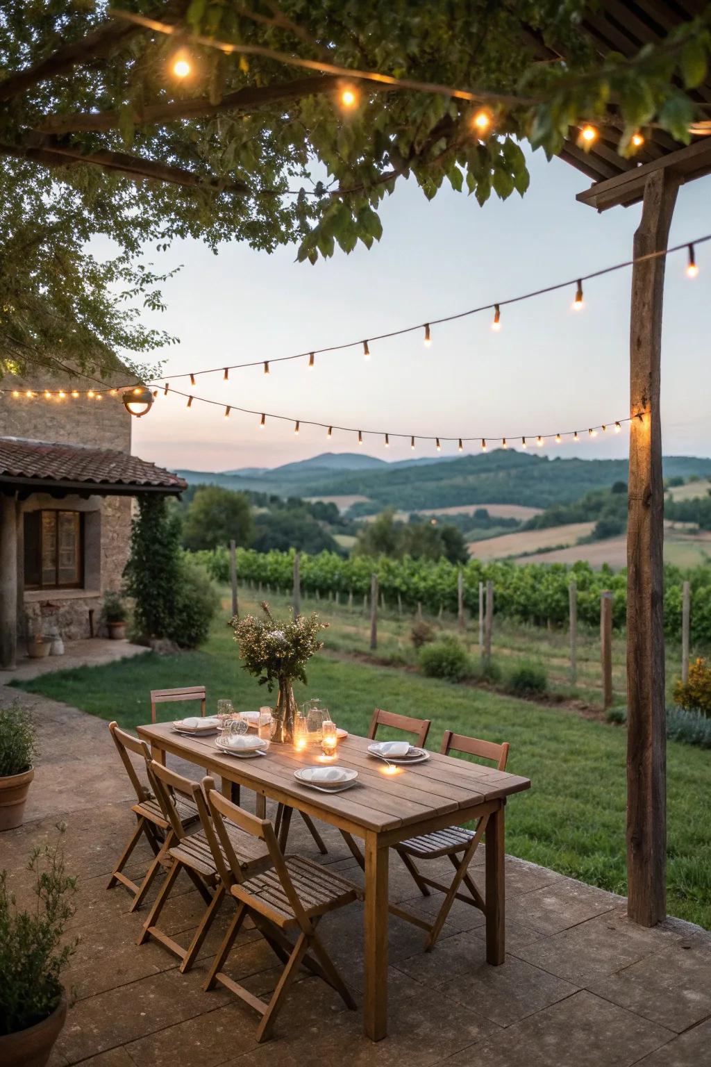 Dine al fresco with rustic charm and warm lighting