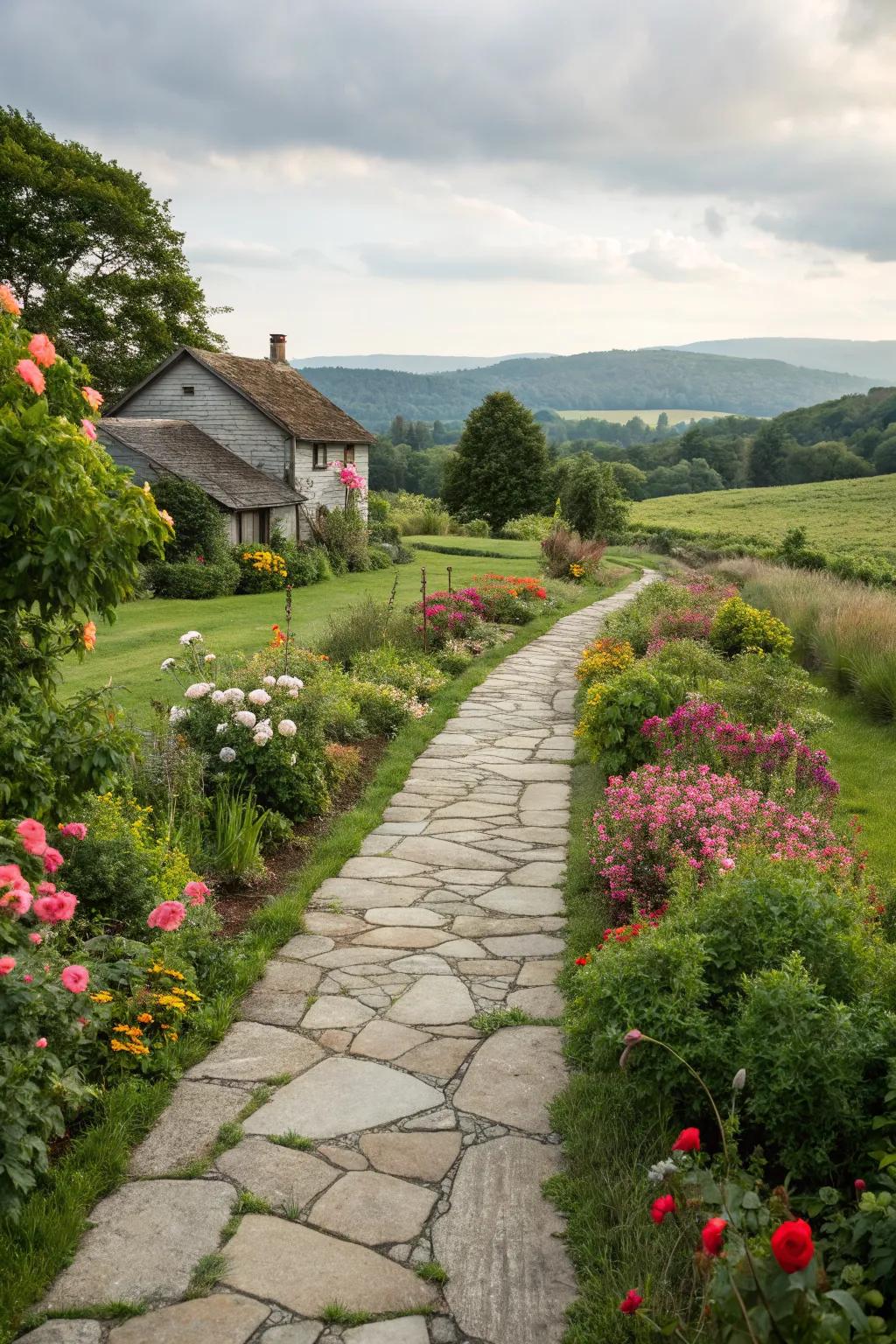 A stone pathway adds a charming touch to any farmhouse entrance.