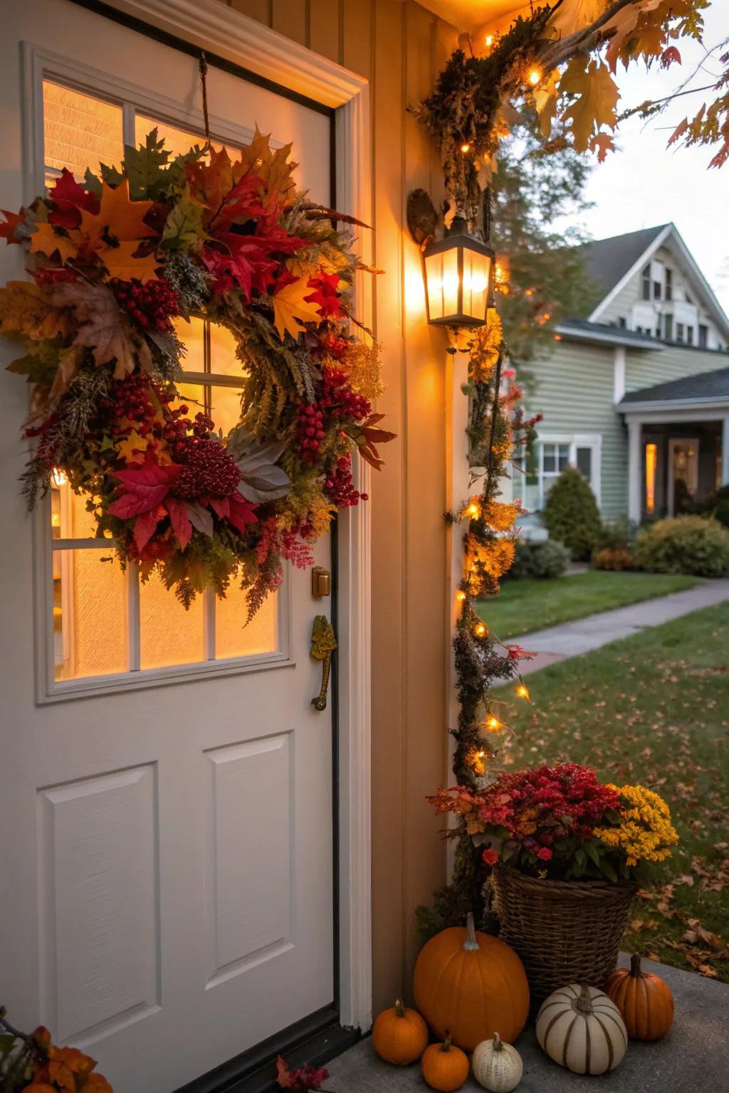 A beautiful fall wreath warmly welcomes guests at the door.