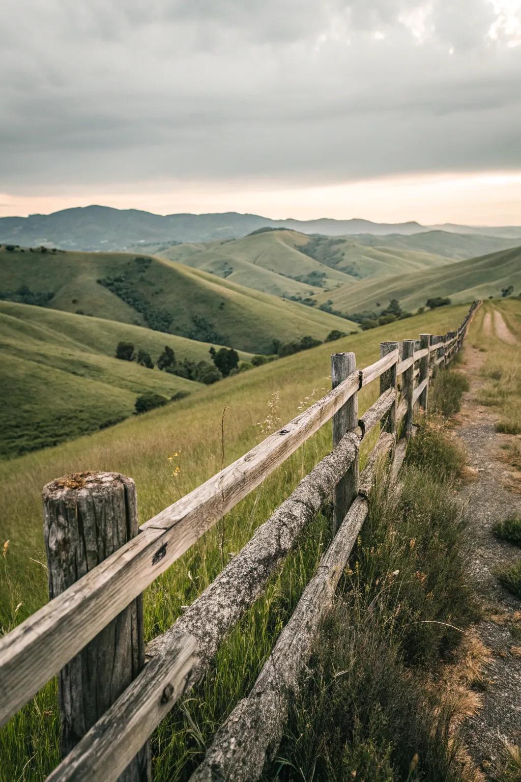 A split rail fence harmonizes with the rolling countryside.