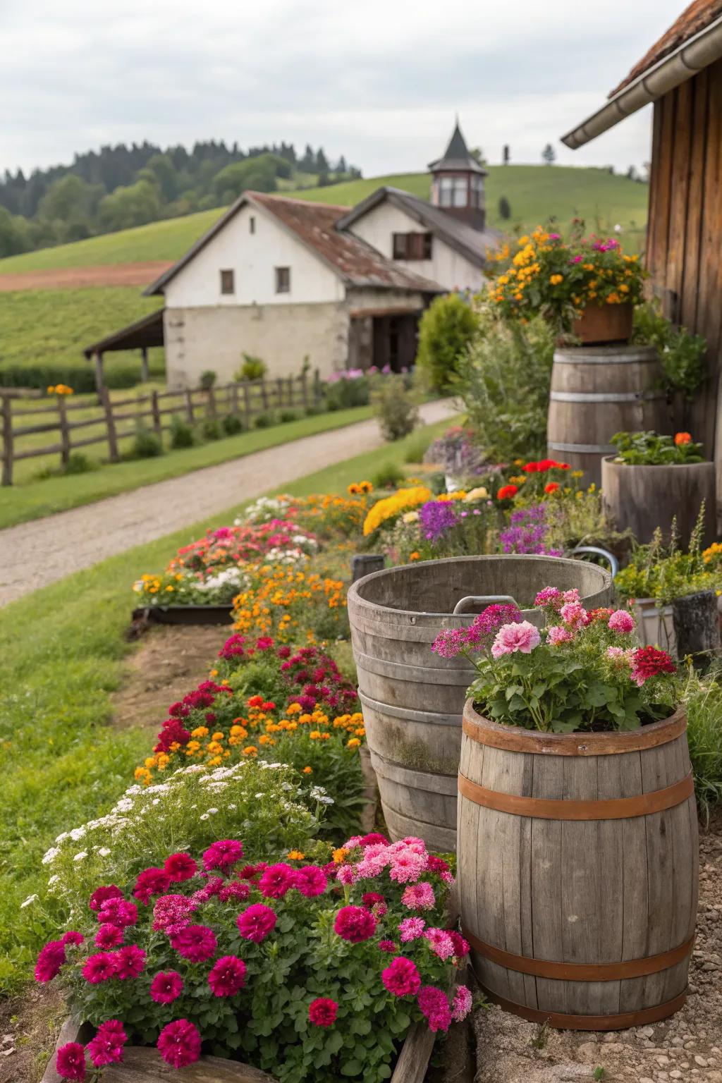 Rustic decor elements like wooden barrels and metal buckets add charm to this farmhouse flower bed.