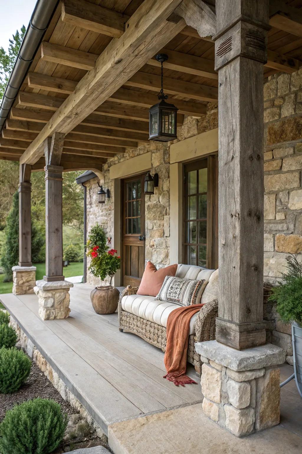 Wooden accents harmonize beautifully with stone columns.