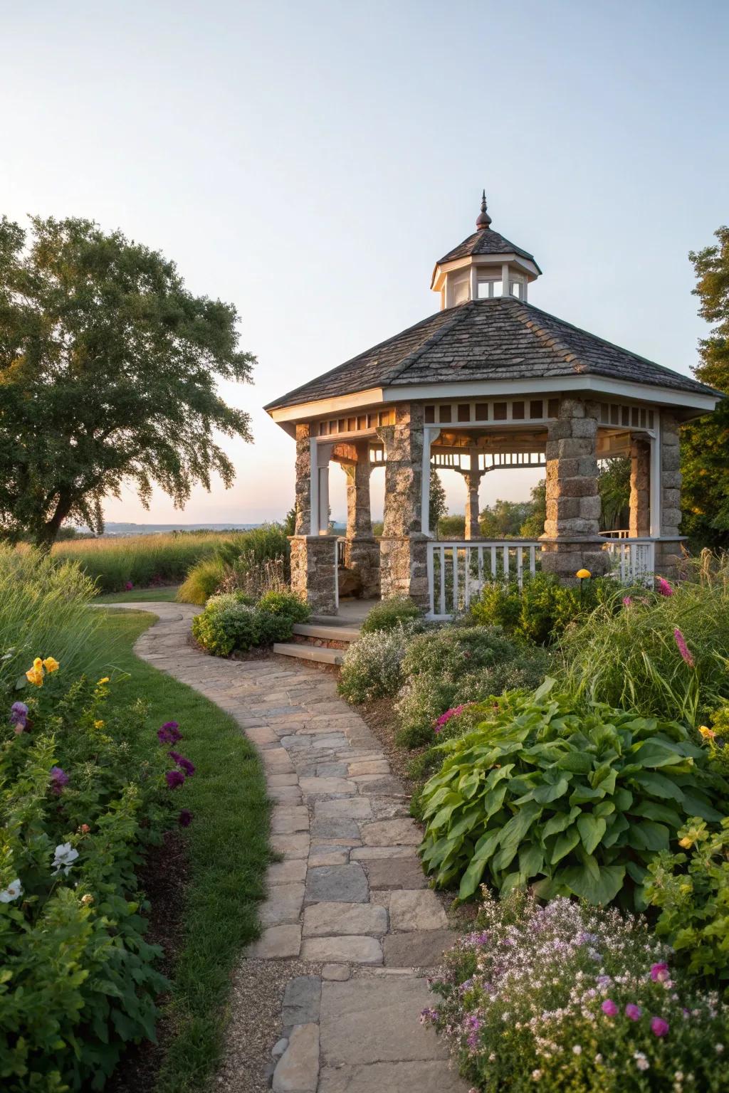A stone-based gazebo, exuding durability and classic farmhouse allure.