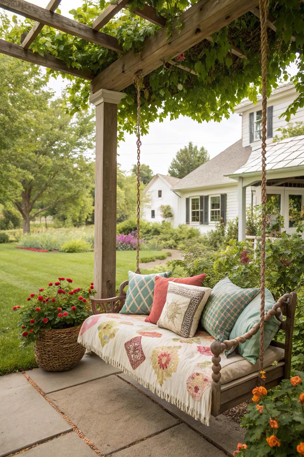 A porch swing invites relaxation and adds rustic charm.
