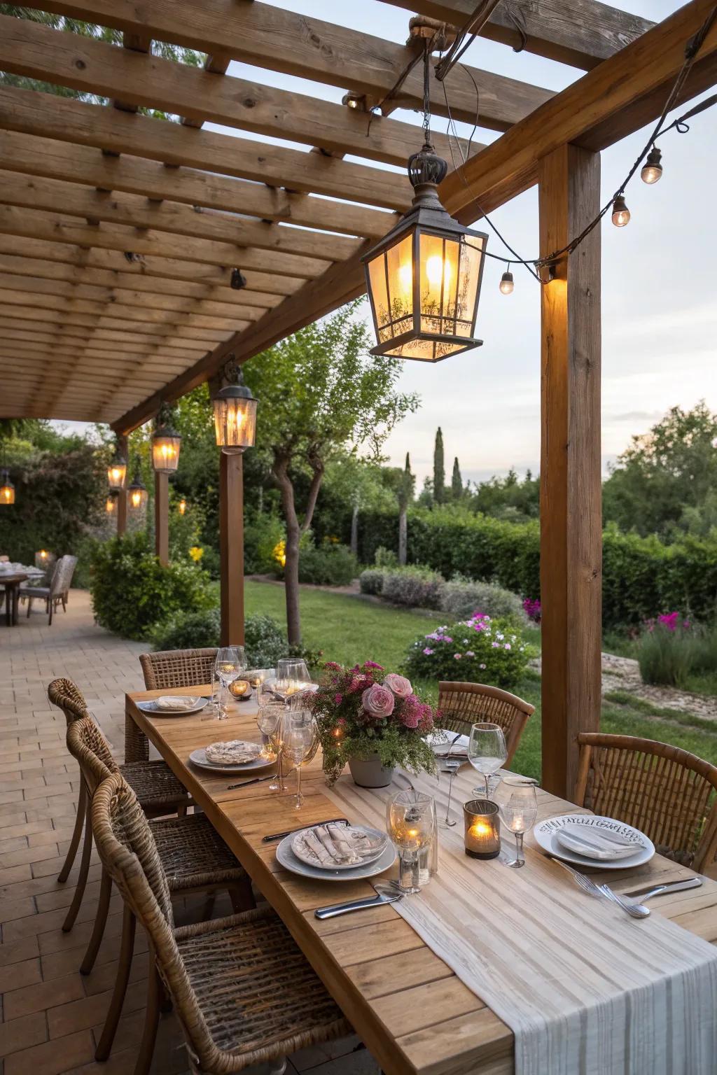 Enjoy meals outdoors with a dining area under your pergola.