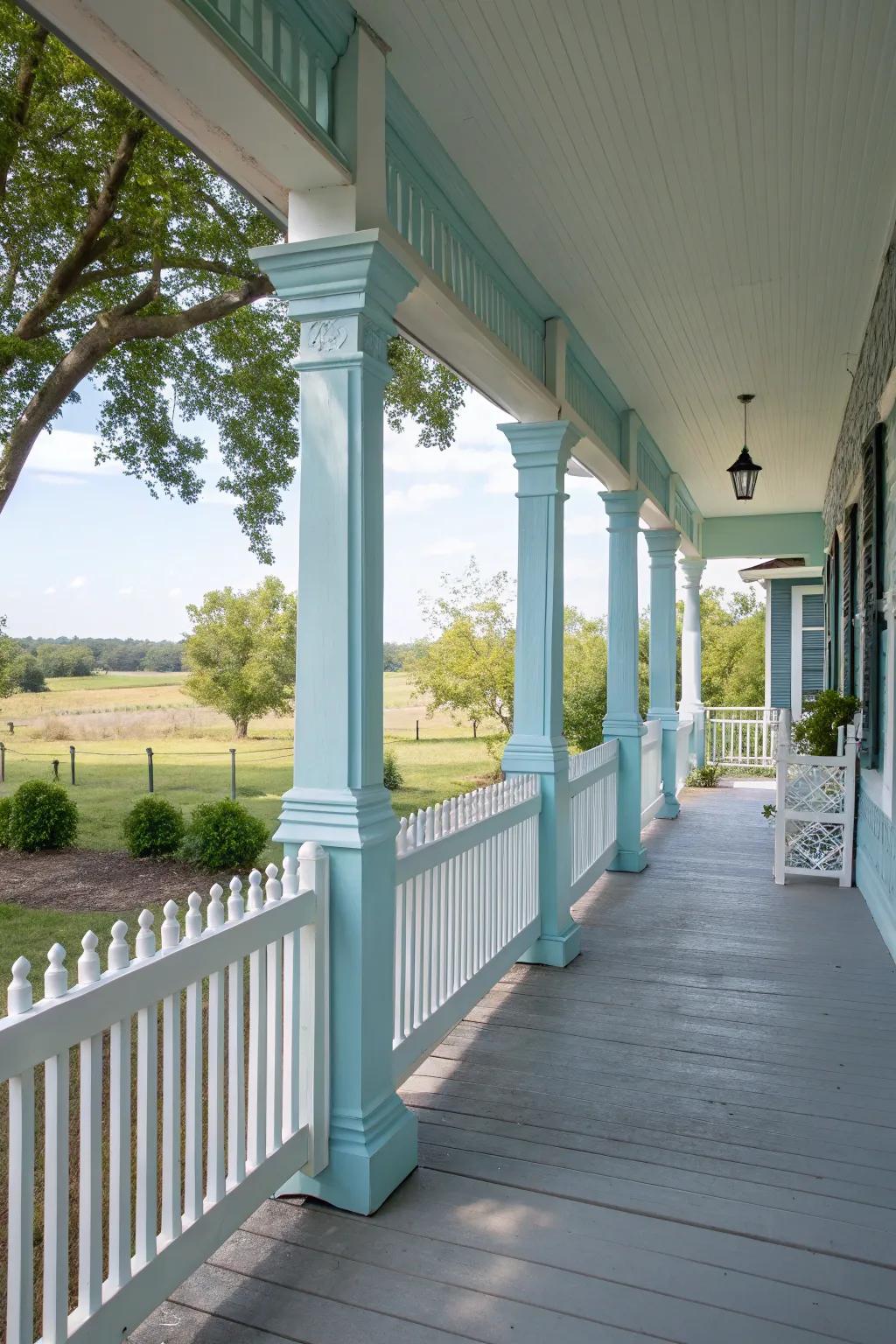 Pastel blue columns bring a touch of elegance to this farmhouse porch.