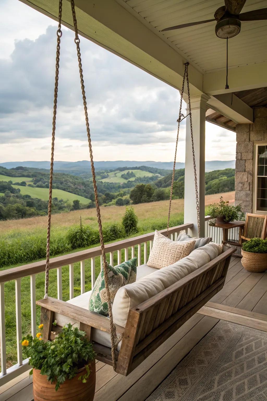 A porch swing offers the perfect spot for relaxation and reflection.