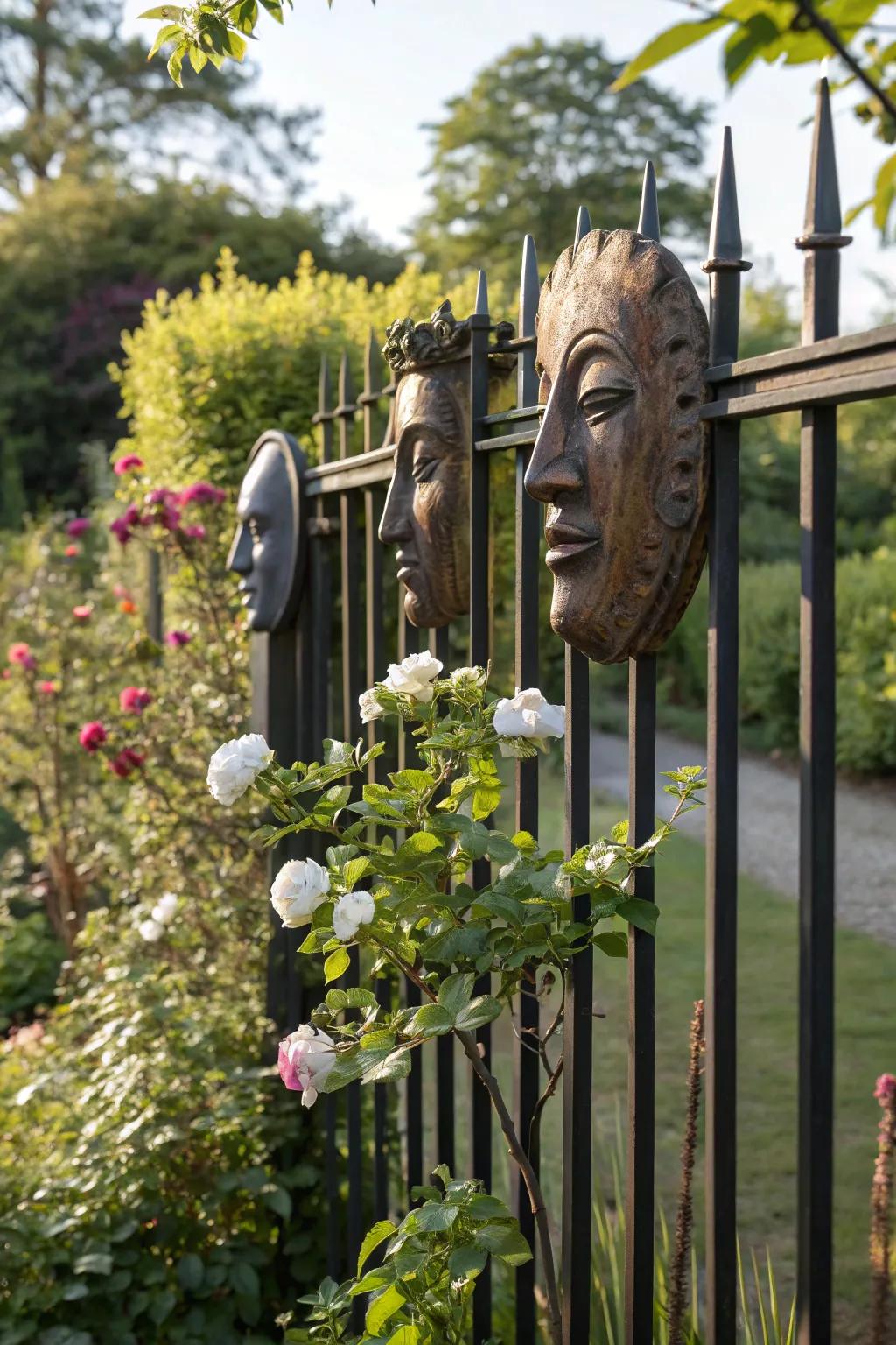 3D metal face sculptures add depth and character to this garden fence.