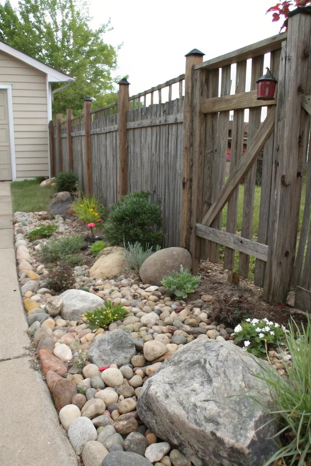 Mini rock gardens add texture and charm to fence bases.