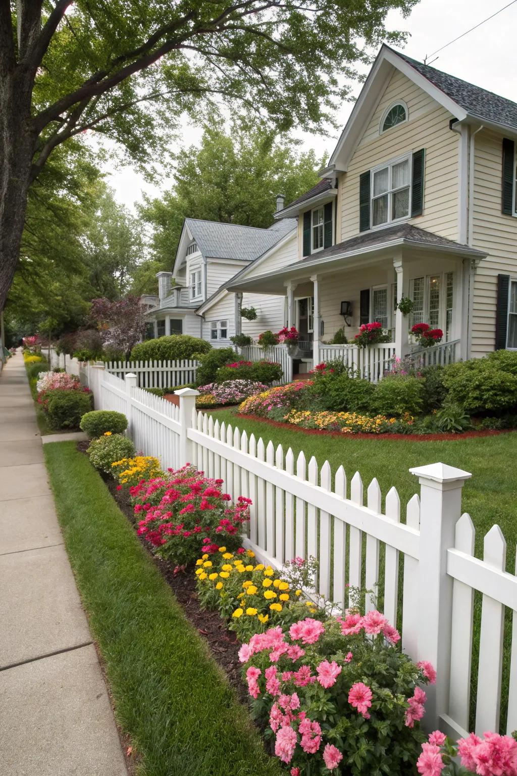 A classic white picket fence creates a charming, timeless look.