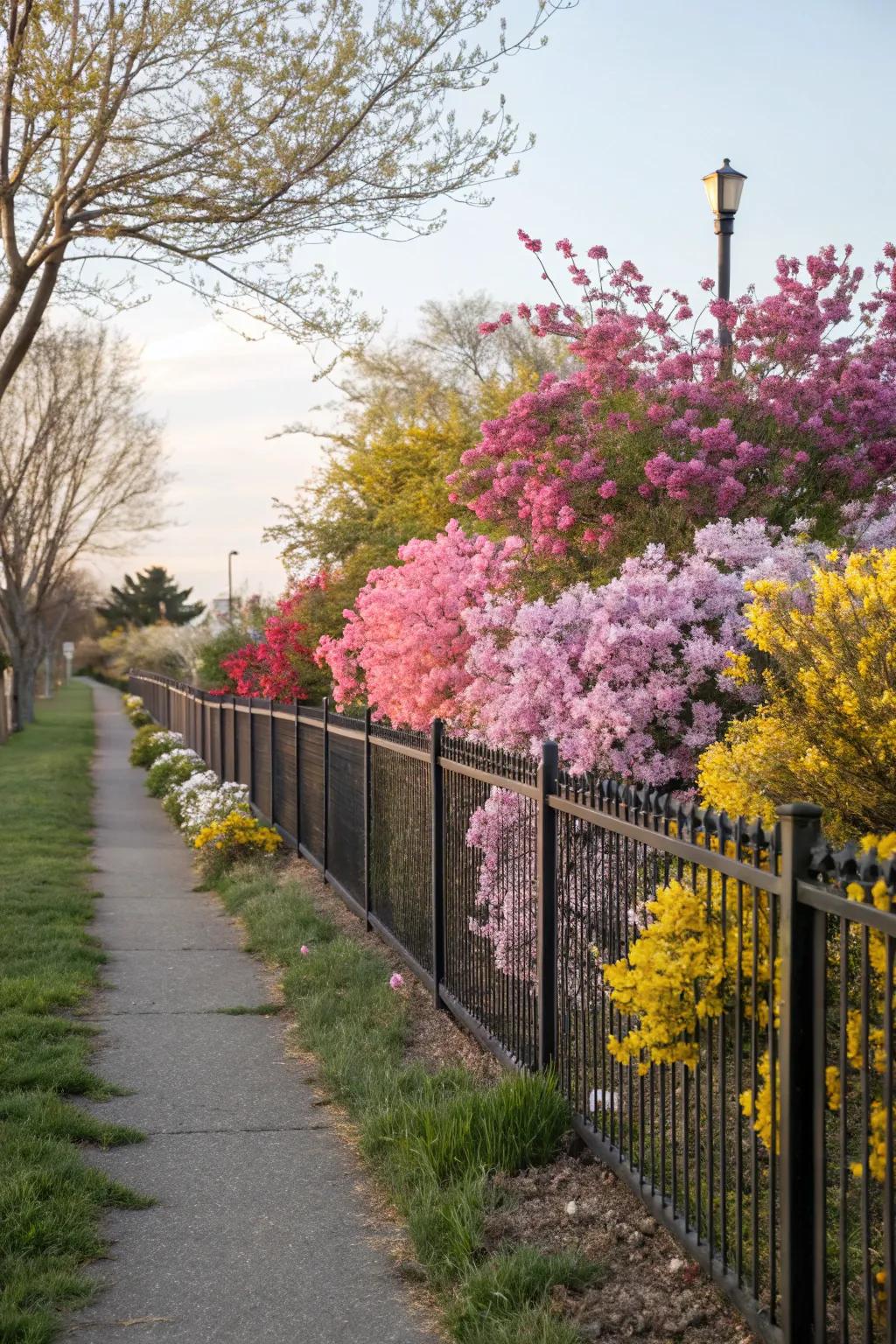 Brighten up your fence line with colorful flowering shrubs.