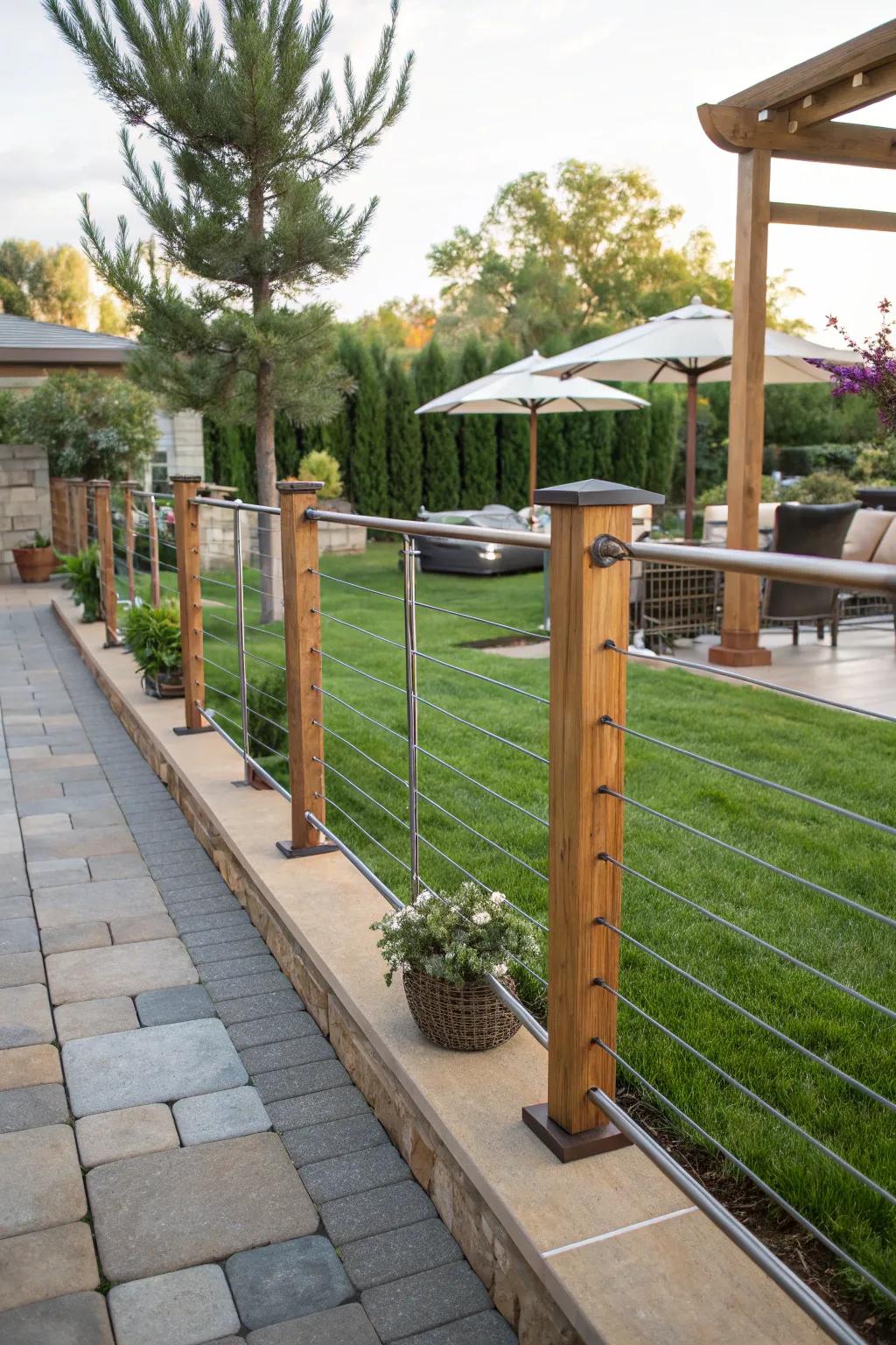 A stylish fusion of metal and wood in a backyard fence.