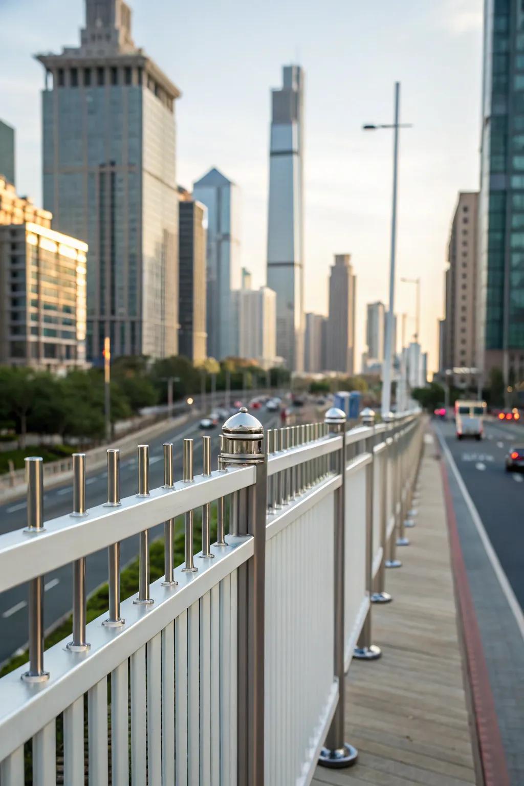 Sleek metal caps providing a modern touch to an urban fence.