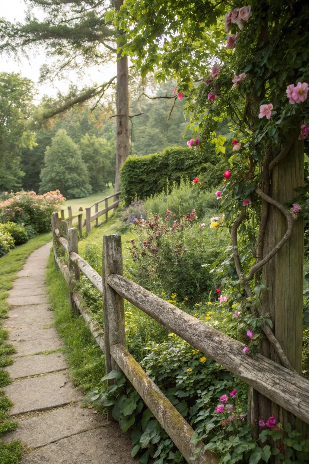 Rustic wooden railings bring warmth and natural beauty to any garden.
