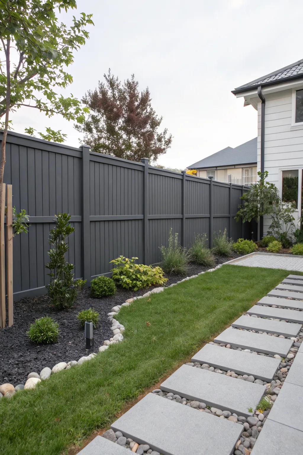 A modern backyard enhanced by a bold charcoal gray stained fence.