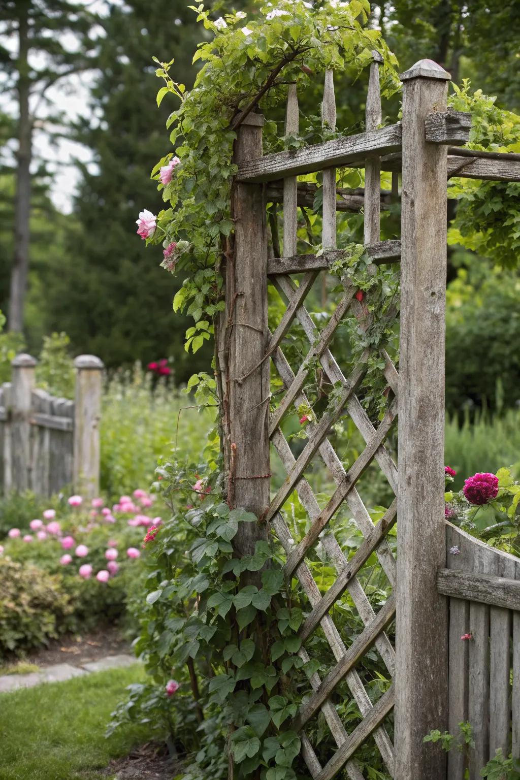 Rustic wooden lattice trellis offers privacy with a timeless charm.