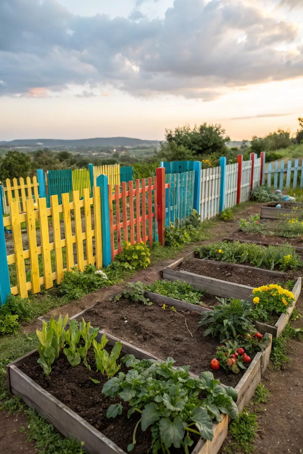 A sustainable vegetable garden fence made from repurposed pallets.