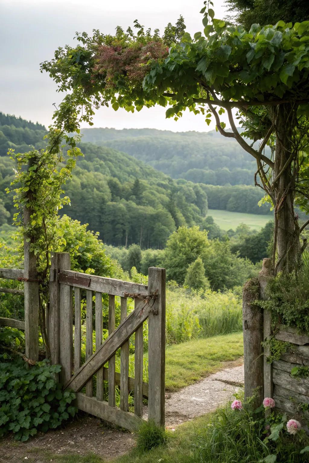A rustic gate adds a touch of countryside charm to your garden.