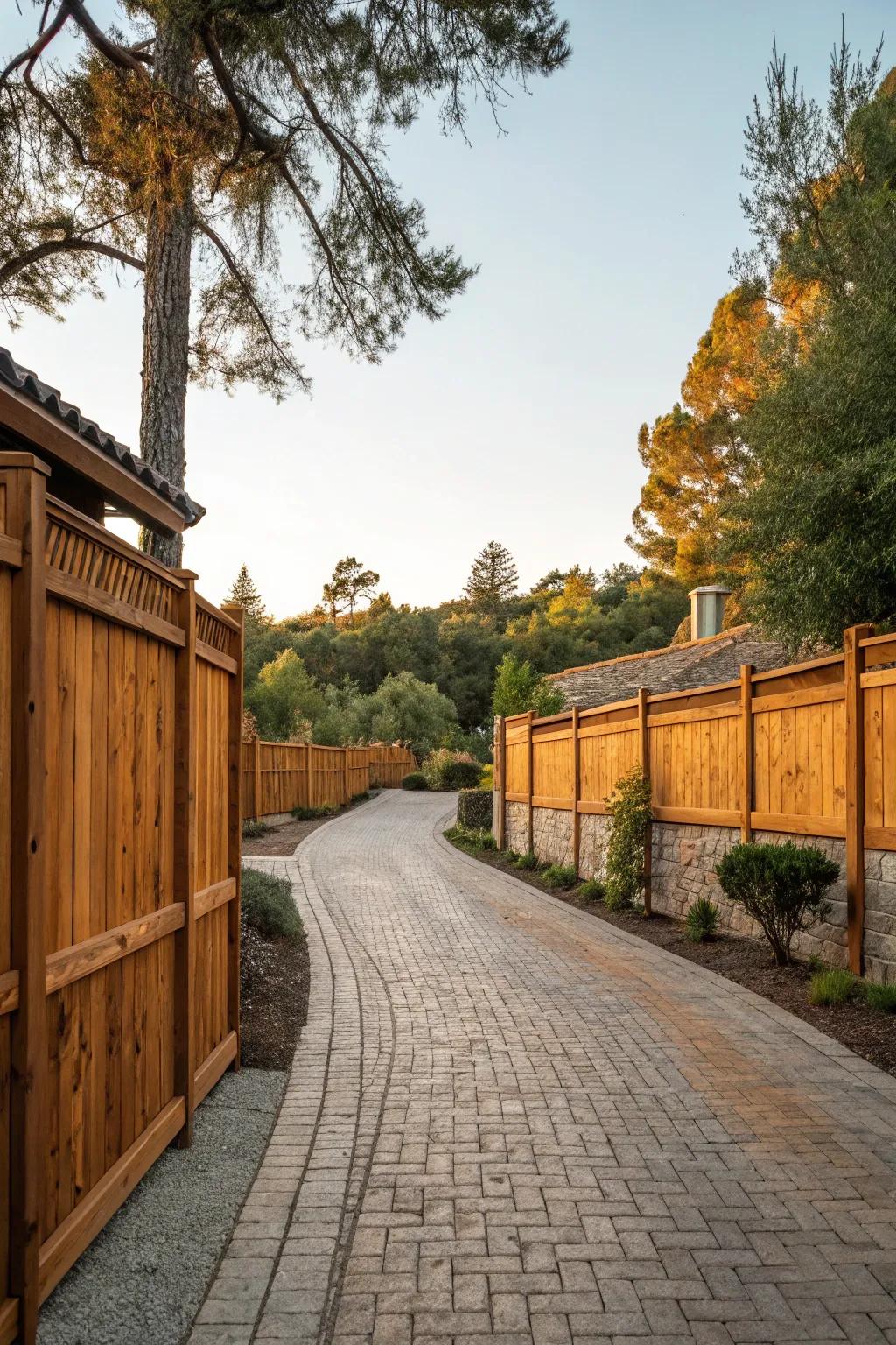 Rustic wooden fencing brings warmth and charm to driveways.