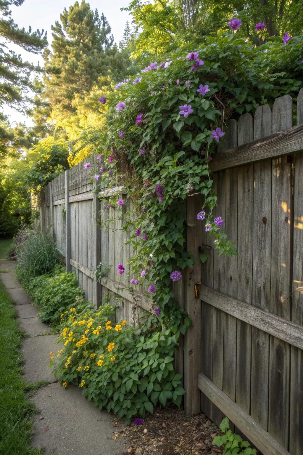 Let nature embrace your fence with vibrant climbing plants.
