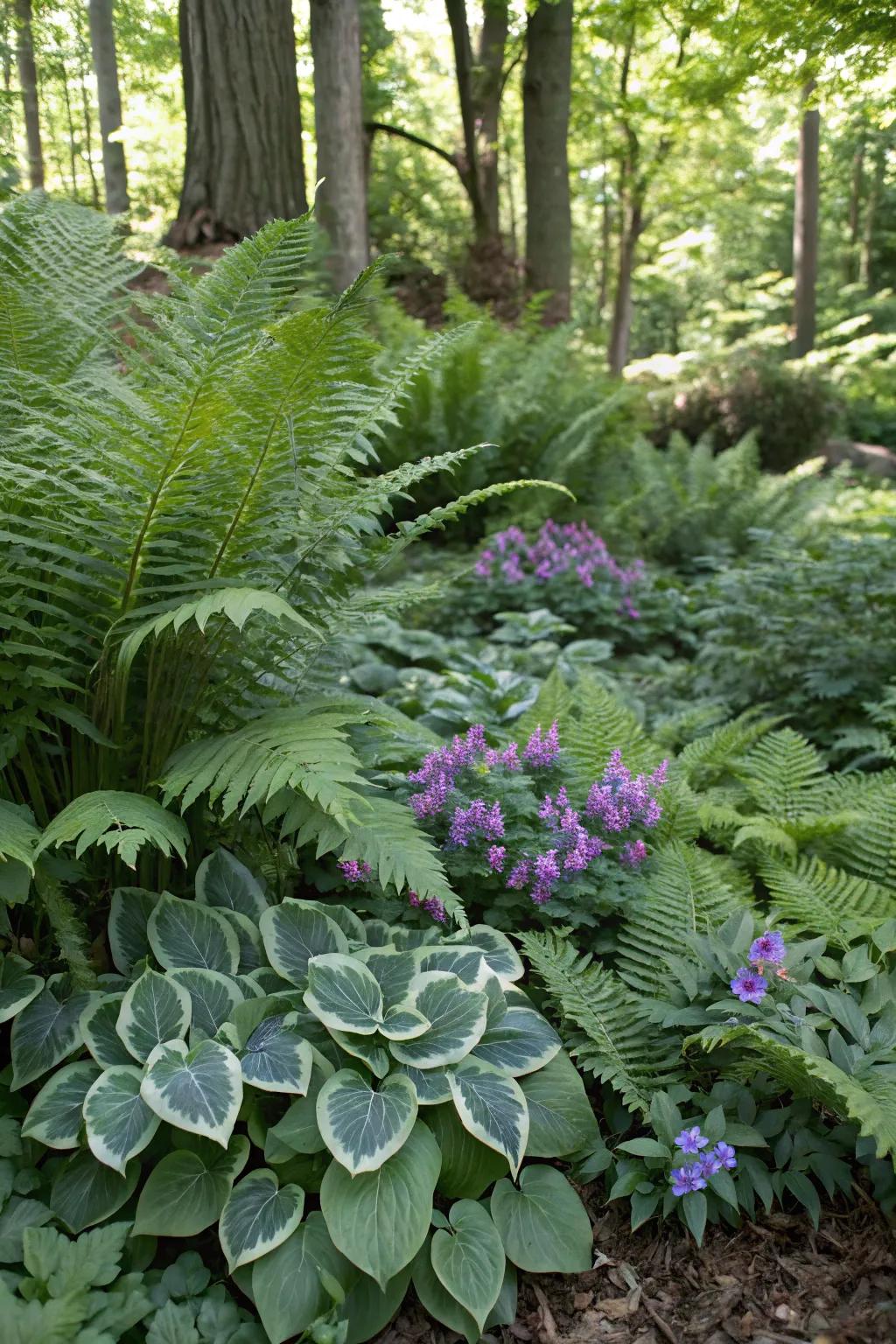 Ferns mixed with shade-loving plants for a textured garden look.
