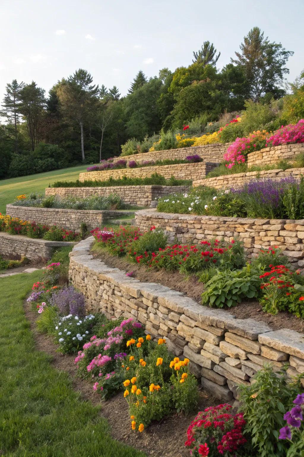Tiered retaining walls add depth and beauty.