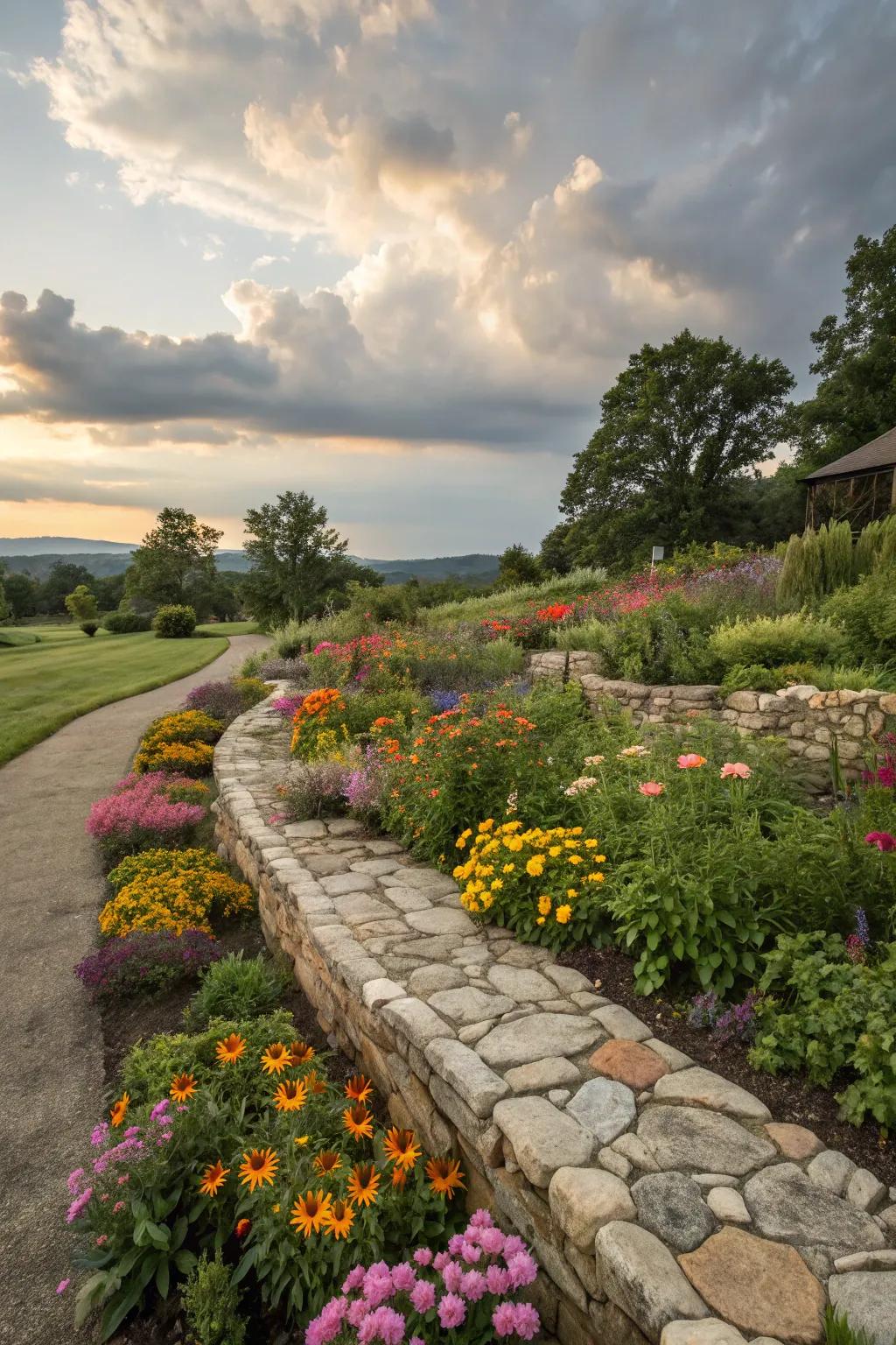 Fieldstone borders add structure and elegance to garden spaces.
