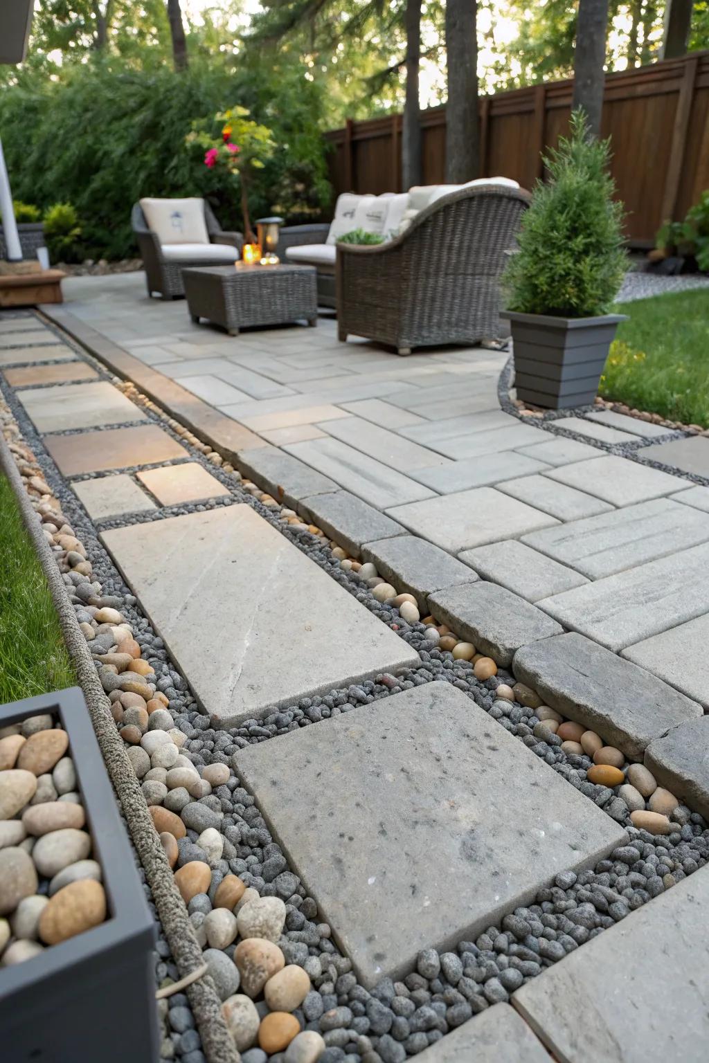 Polished pebbles create a chic, contemporary look between pavers.