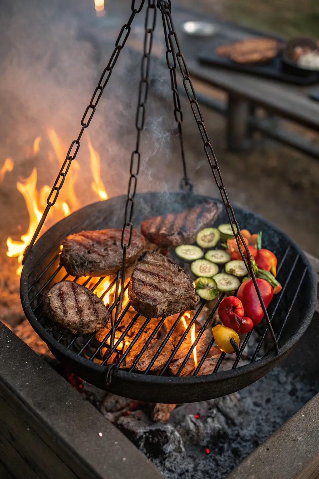 A hanging grill setup for adjustable cooking control.