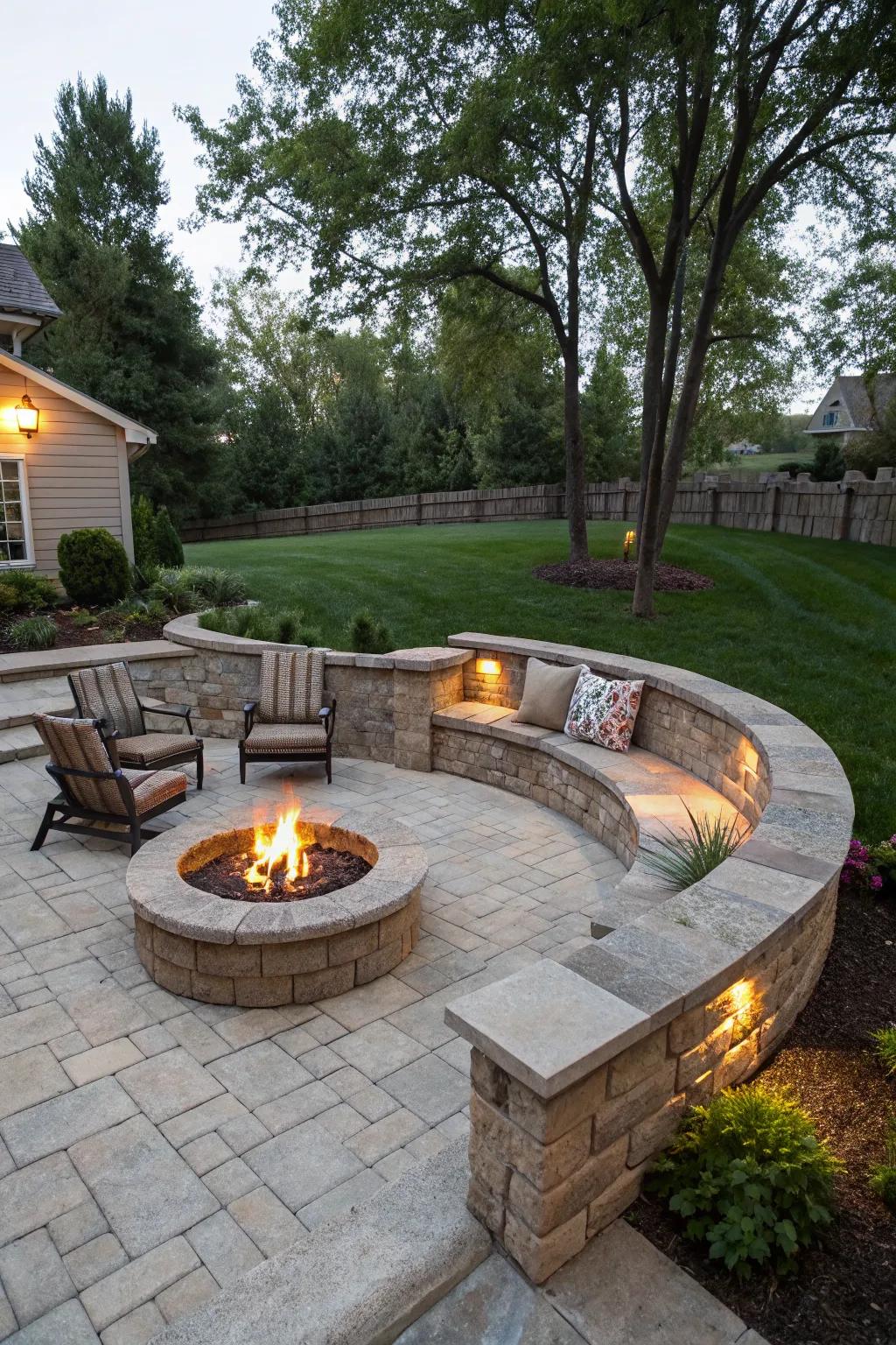 A built-in fire pit area with stone seating walls for a cozy outdoor living room.
