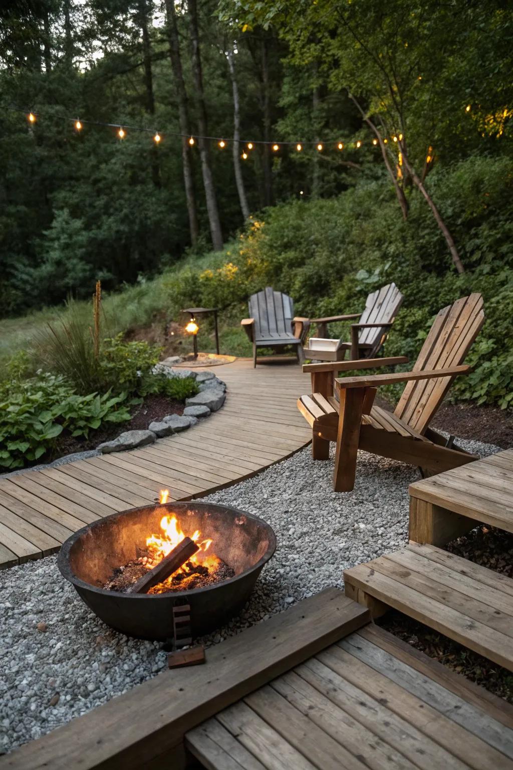 A rustic retreat with wood and gravel, featuring a simple fire bowl and Adirondack chairs.