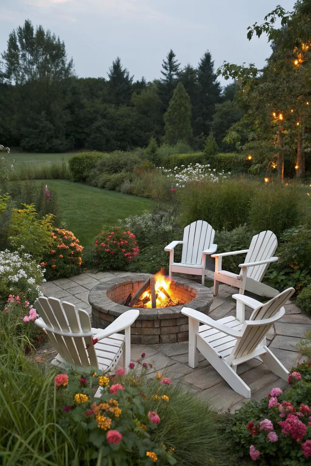 Classic Adirondack chairs offer a cozy spot around the fire pit in this charming garden setting.