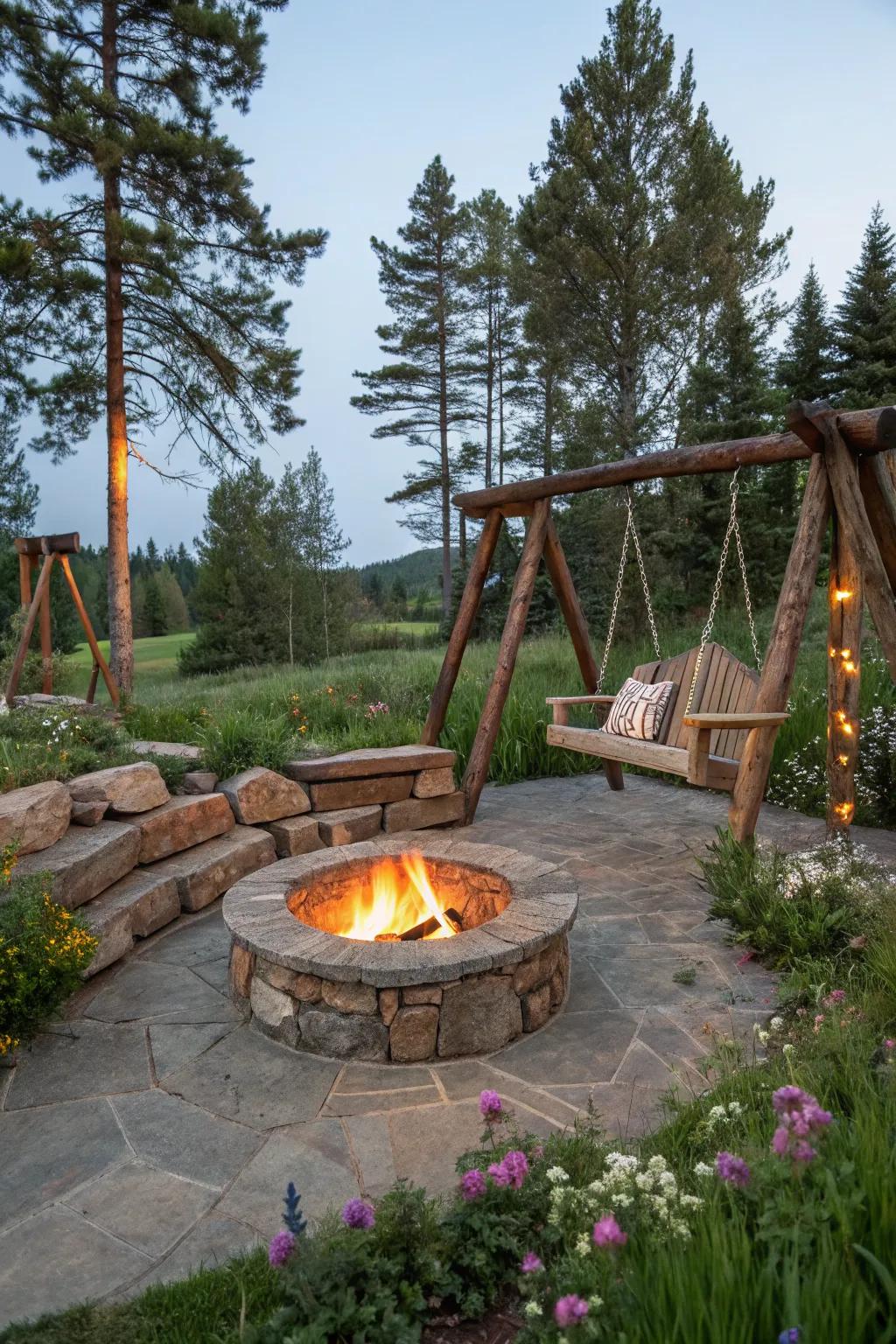 A rustic stone fire pit that blends seamlessly with nature.