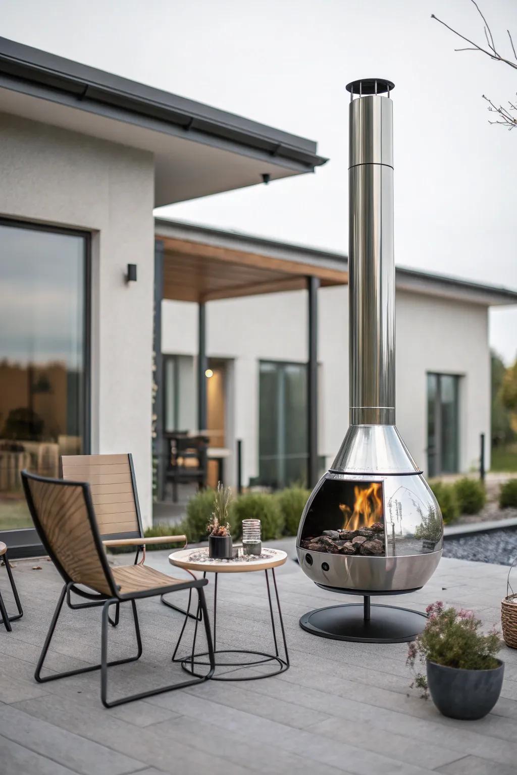 A modern metal chiminea brings a touch of elegance to minimalist outdoor spaces.
