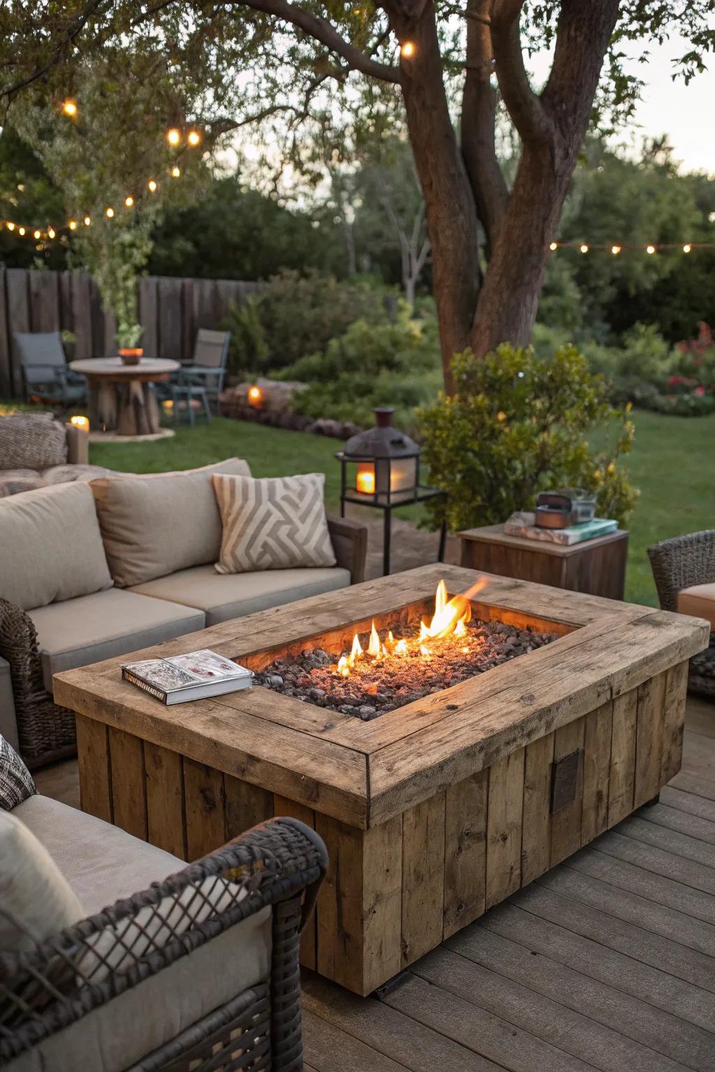 A rustic wooden fire table perfect for creating a warm, inviting outdoor retreat.