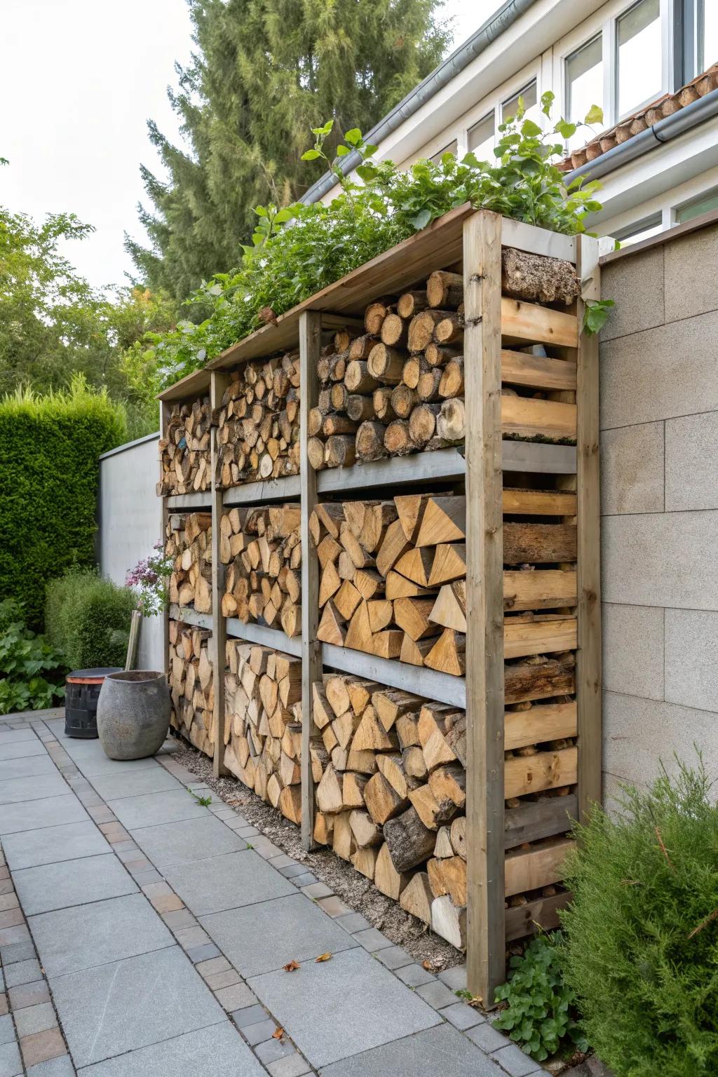 Vertical wall mount saves space while storing firewood.