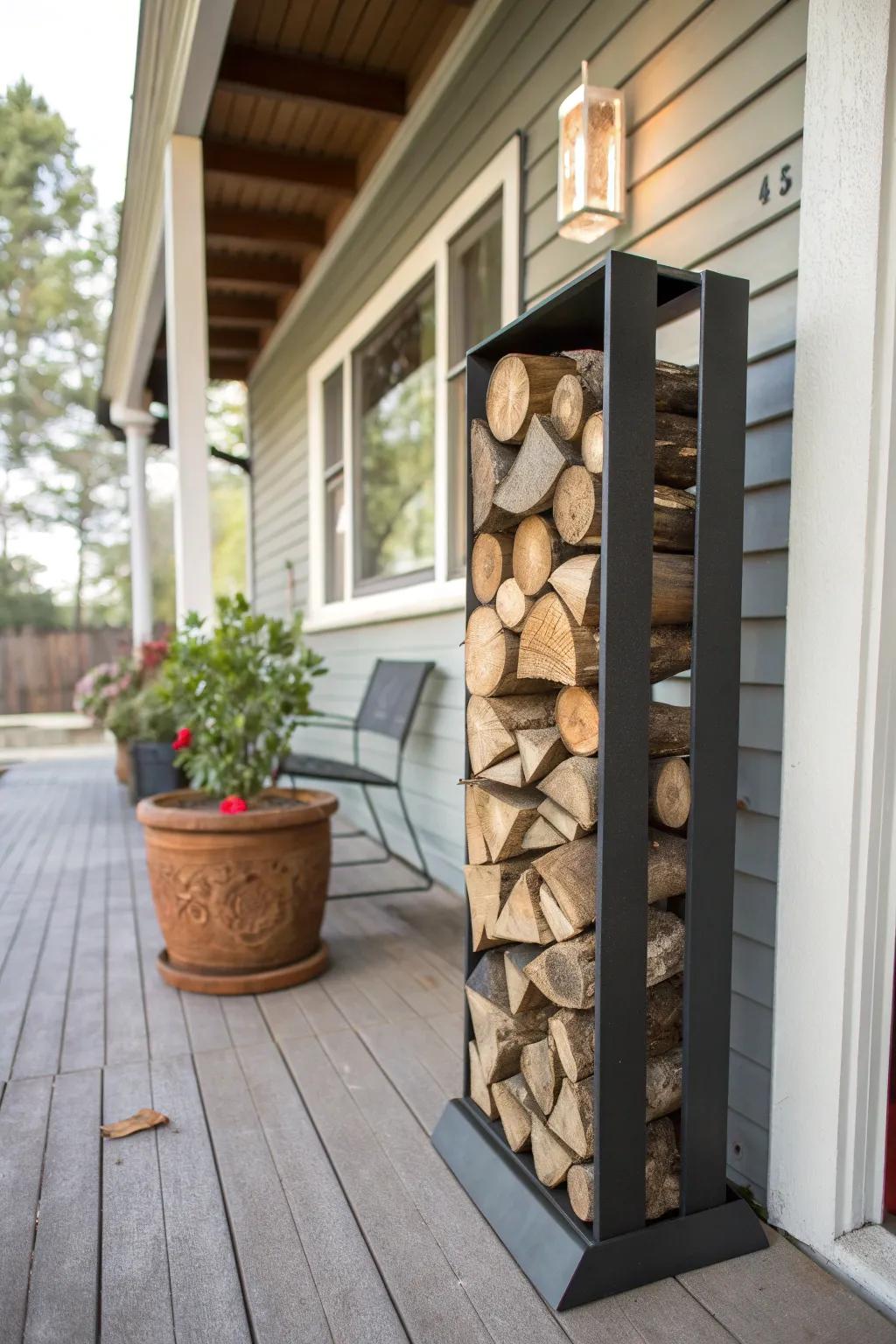 Stylish vertical firewood rack on a compact porch.