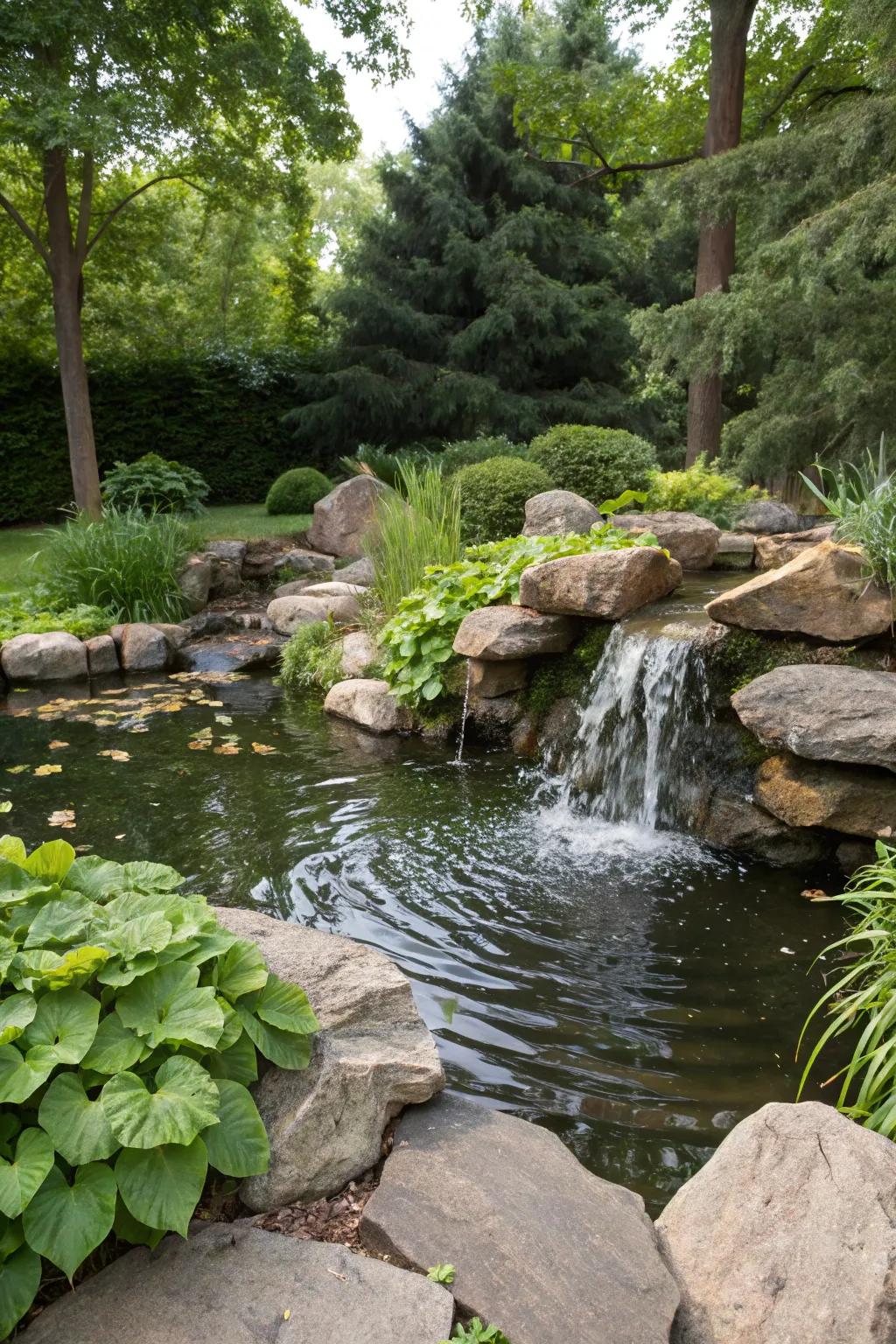 A small waterfall adds soothing sounds to a garden pond