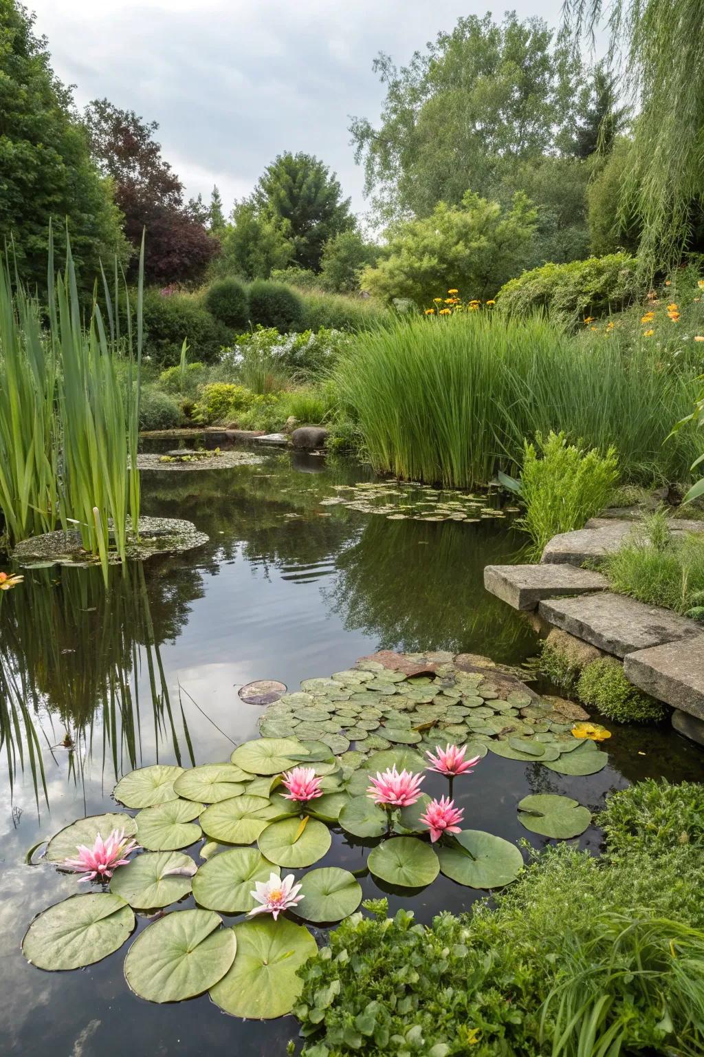 Aquatic plants bring life and color to a small garden pond.
