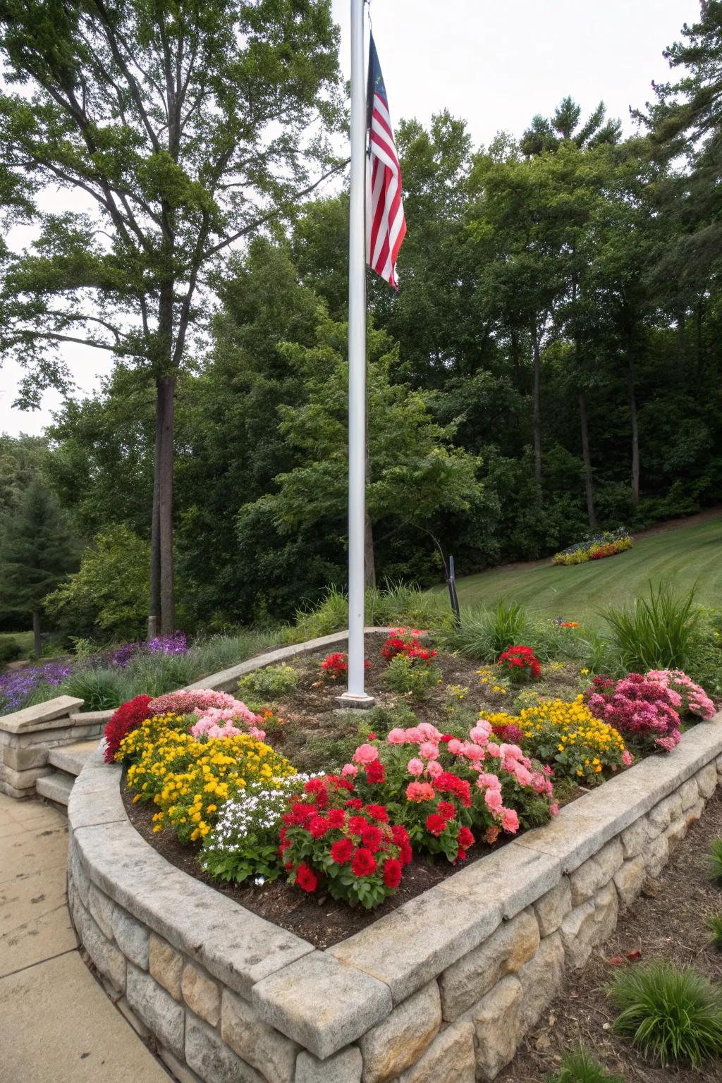 Raised beds add drama and height to your flag pole area.