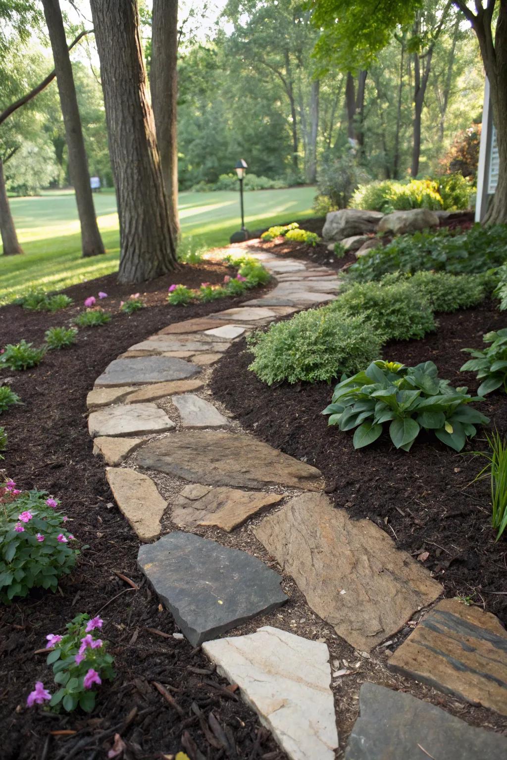 Flagstone and mulch combine to create a bold and textured garden border.
